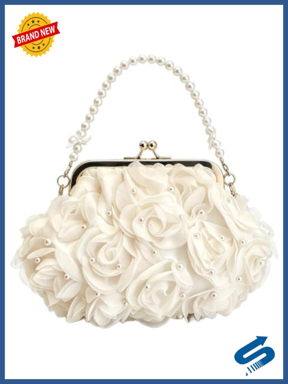 Pearl Floral Clutch Kiss Lock Evening Bag Nylon 3D Flower Purse New